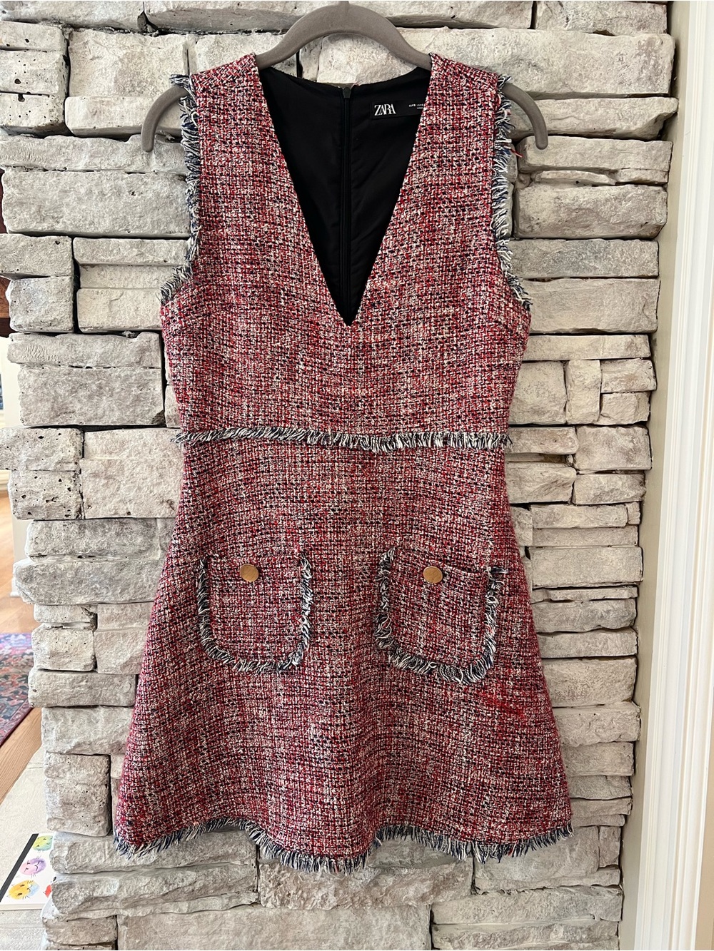 Zara Red Tweed V-Neck Mini Dress with Fringe Trim